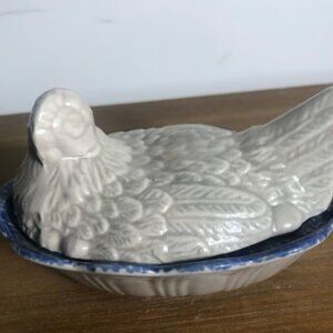 Vintage Sponge Ware Hen On A Nest by Hermit Pottery 5 inches